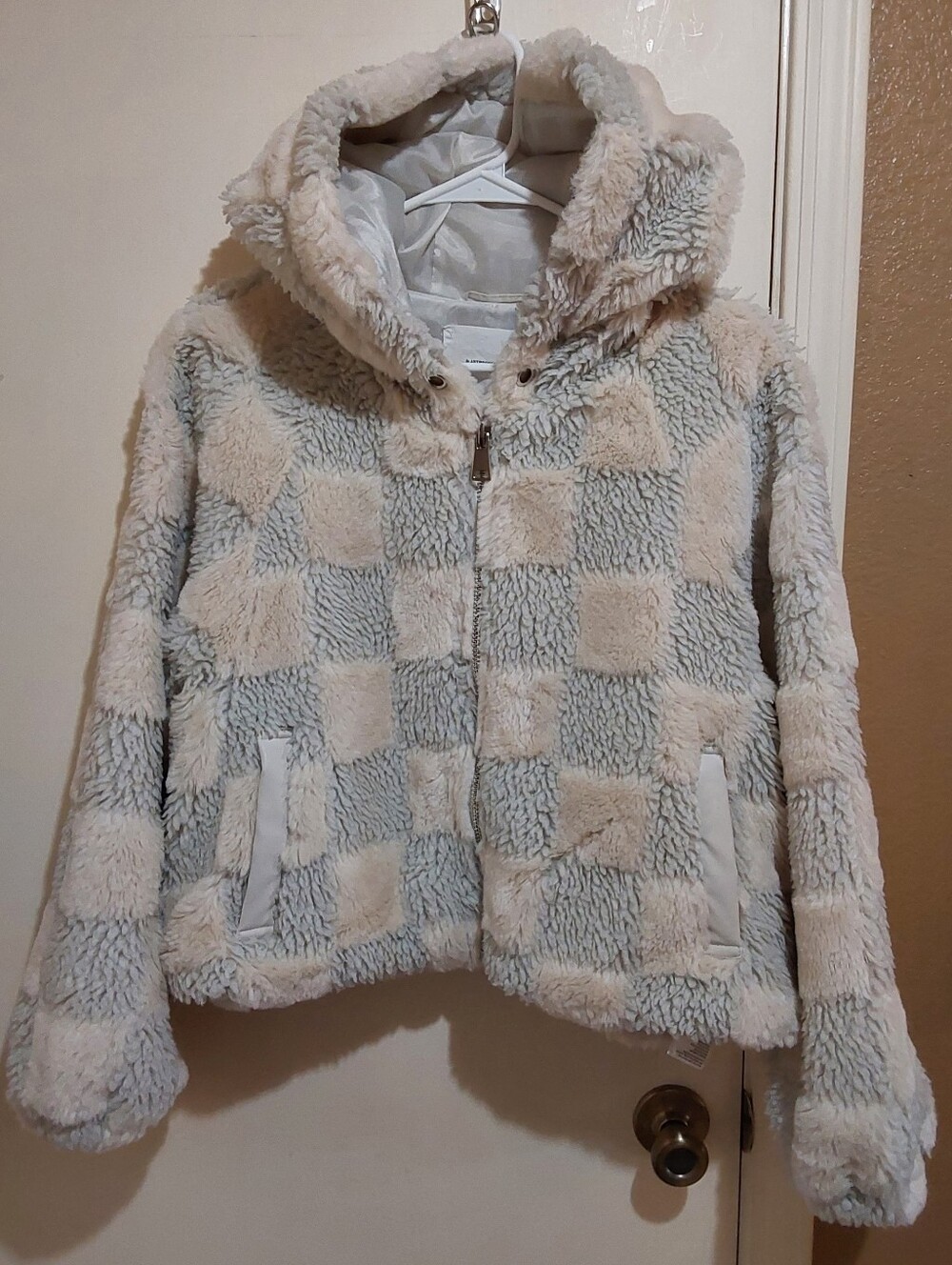 🌺 Anthropologie Faux Fur Checkerboard Teddy Hooded Jacket